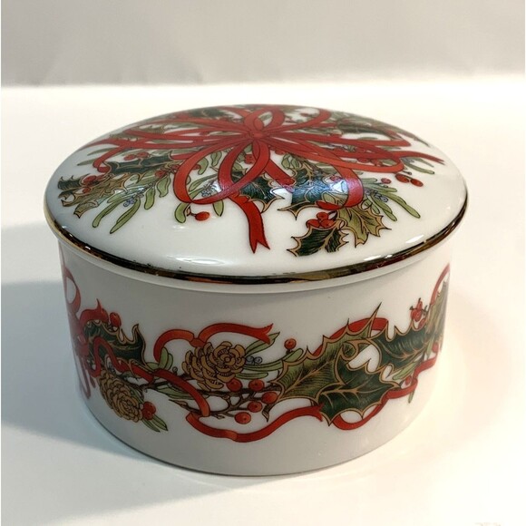 Andrea By Sadek Trinket Dish Lid Christmas Garland Gold Trim Japan 1994 - Picture 4 of 12
